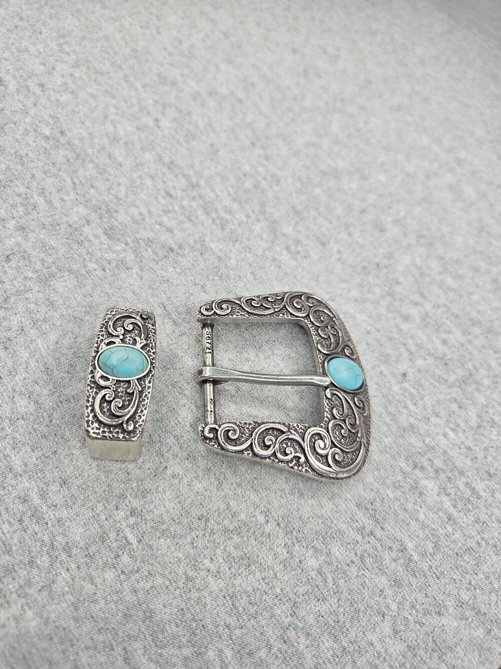 Vintage Western Belt Buckle Set Nickel Silver Turquoise Floral Engraved - Picture 3 of 7